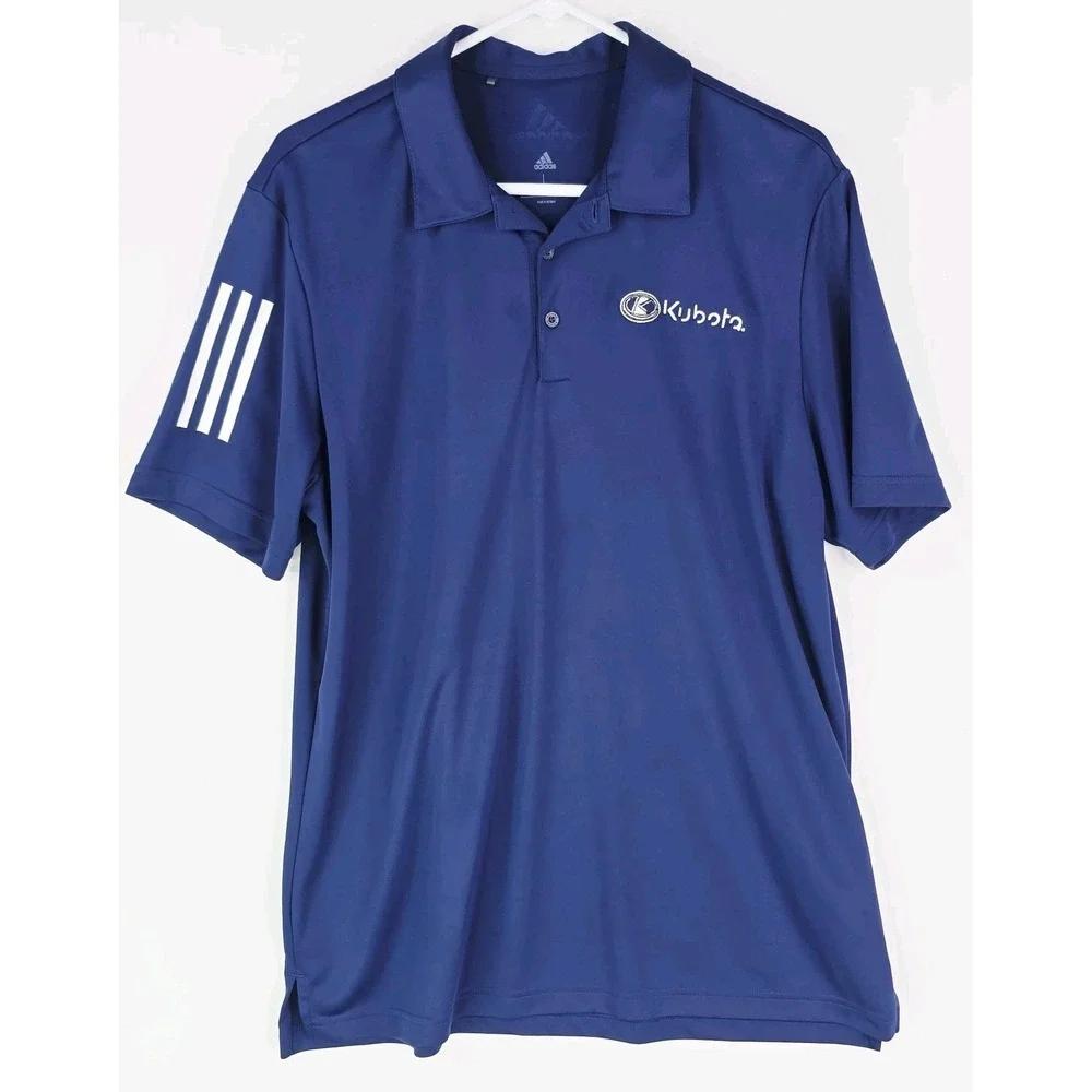 adidas Men's Large Navy Blue Polo Kubota‎ Embroidered Shirt 3 Striped Breathable